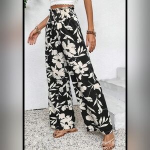 Dainty Hooligan Black & Cream Floral Wide Leg Smock Waist Boho Pants